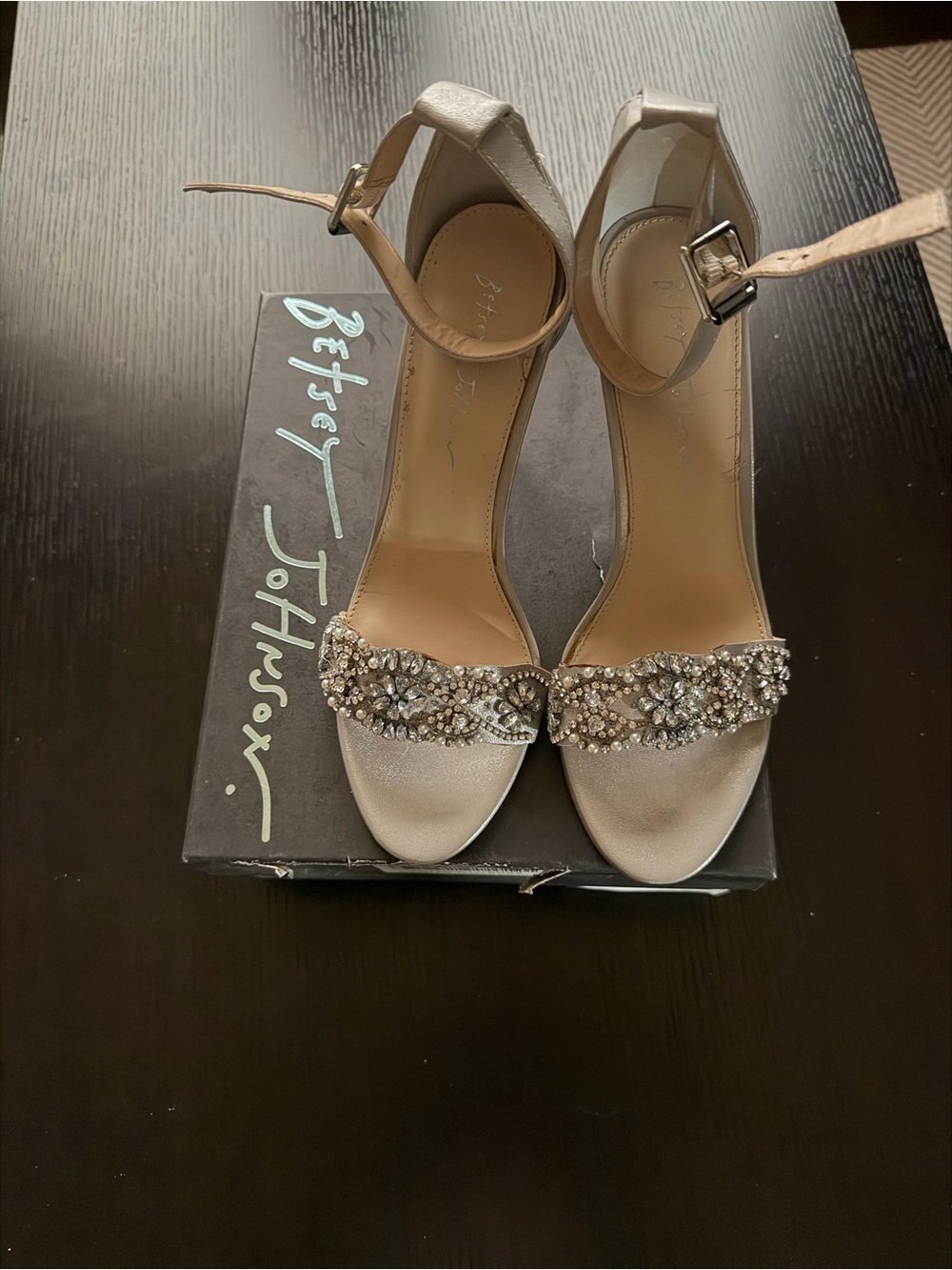 Betsey Johnson Silver Crystal-Strap Ankle Strap Heels